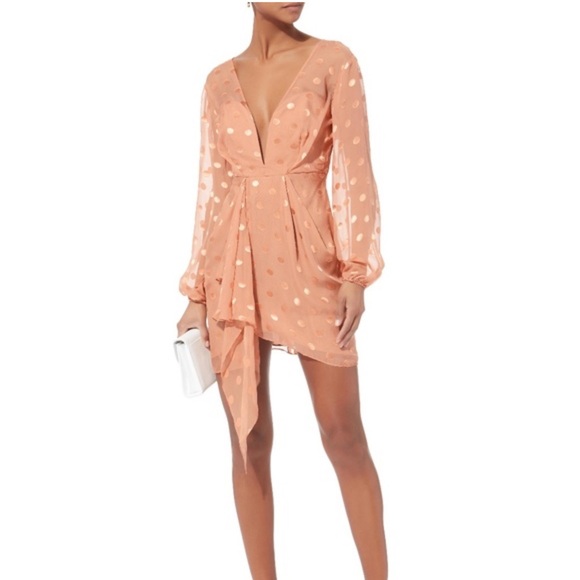 Michelle Mason blush polka dot sheer long sleeved minidress w/ plunging bust 0